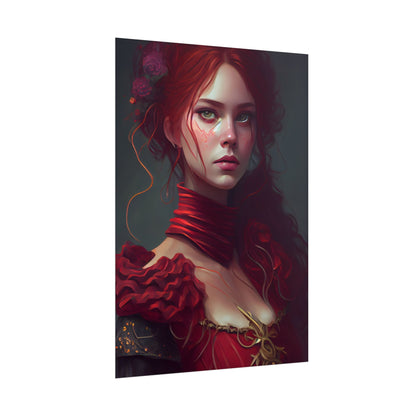 Vibrant Redhead Portrait: Female Artwork in Red Dress - Poster