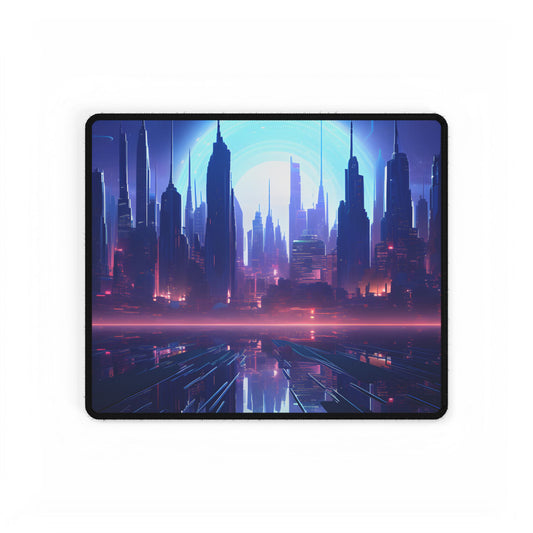 Melancholic Cyberpunk Night: Dark Cityscape Digital Art - Desk Mat