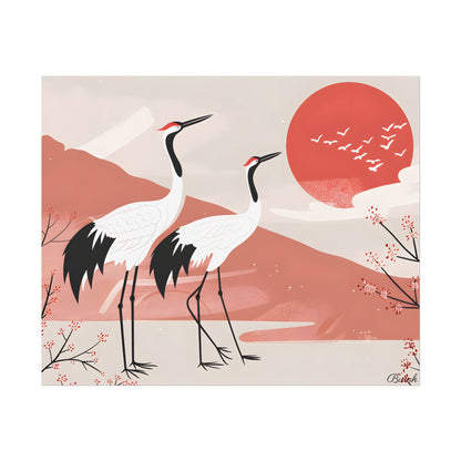 Serene Landscape with Cranes: Peaceful Nature Art - Poster