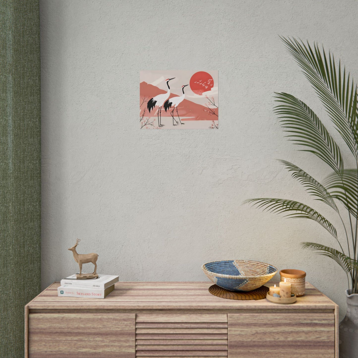 Serene Landscape with Cranes: Peaceful Nature Art - Poster