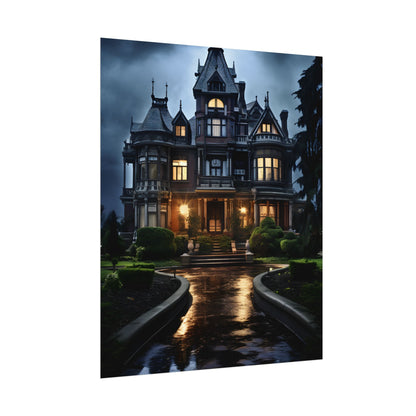 Haunted Victorian Mansion: Spooky Stormy Night Art - Poster