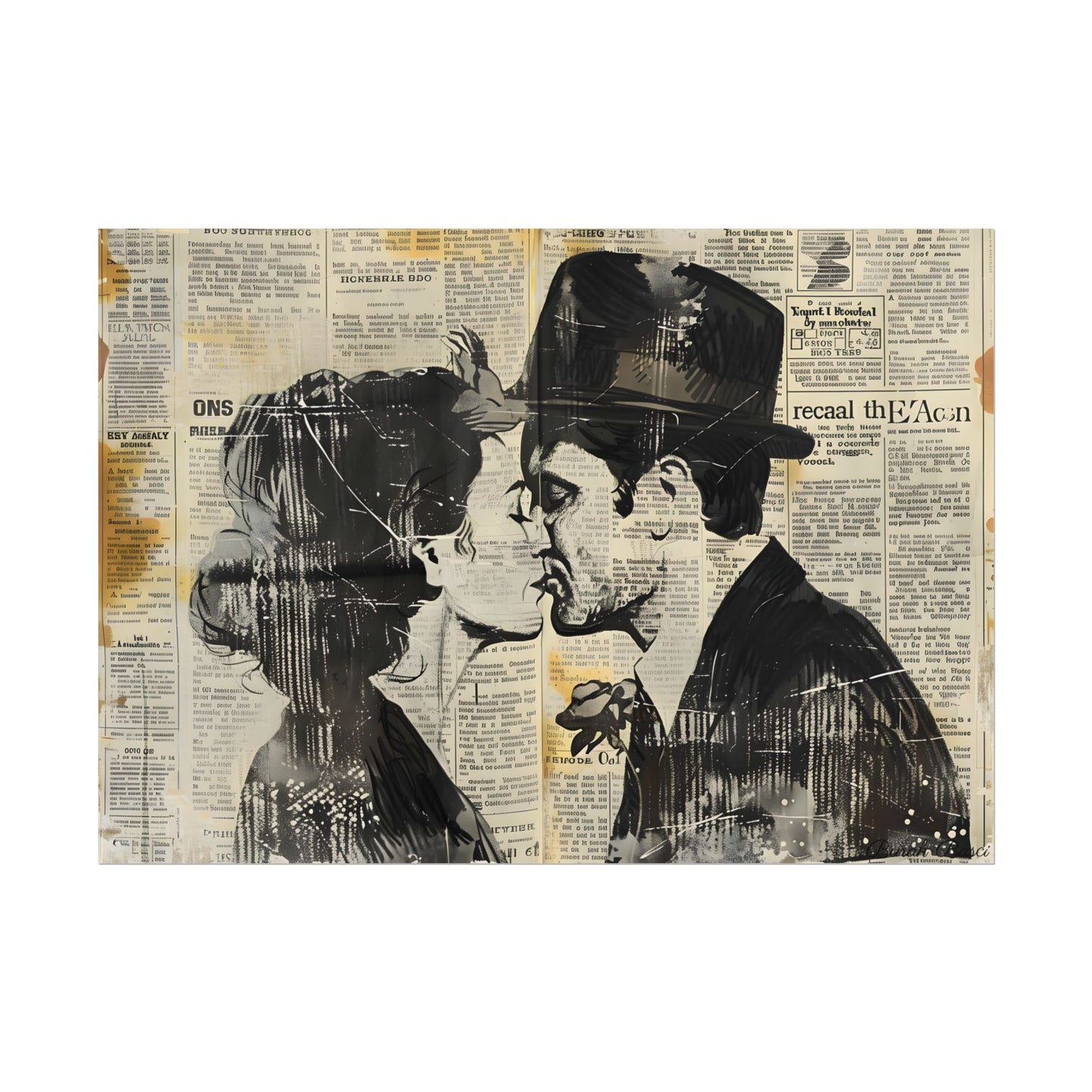 Vintage Romance Couples: Newsprint Artwork - Intimate Moments - Poster