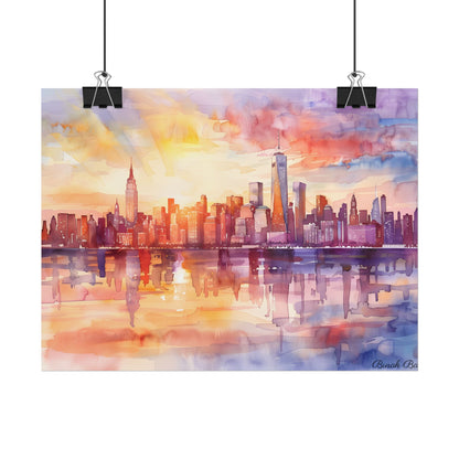 Watercolor Sunset New York City Skyline: Beautiful Artwork - Poster
