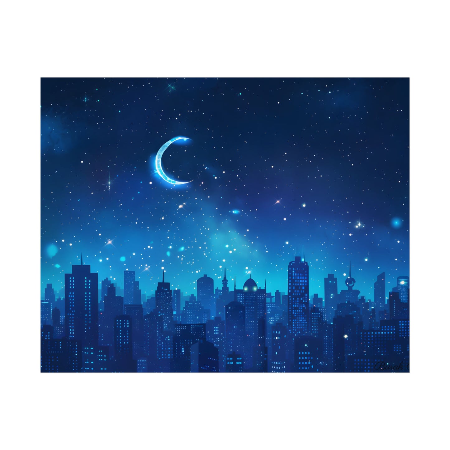 Peaceful Night Sky with Crescent Moon: Starry Digital Art - Poster