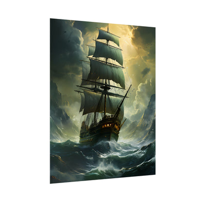 Green Realism: Majestic Ship Oil Painting - Poster