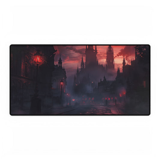 Gothic City Dusk: Pointed Arches and Misty Atmosphere - Desk Mat