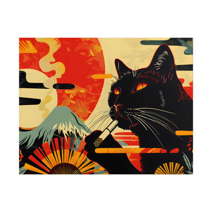 Whimsical Cat Smoking: Red & White Stripe Artwork - Poster