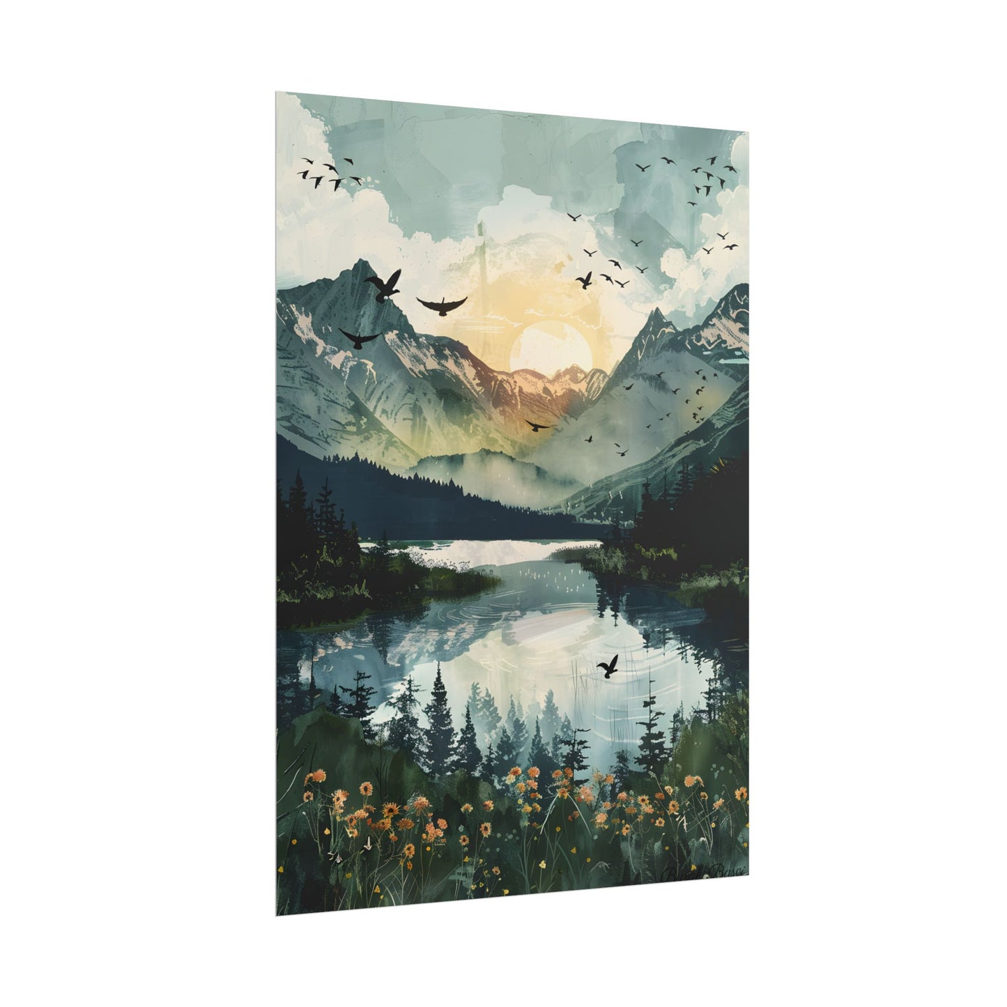 Serene Mountain Lake: Birds in Flight - Natural Art - Poster