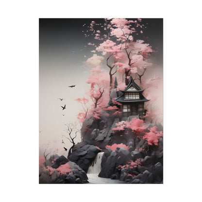 Ash Magenta Masterpiece: Rugged Landscape with Moss Green Forest - Poster