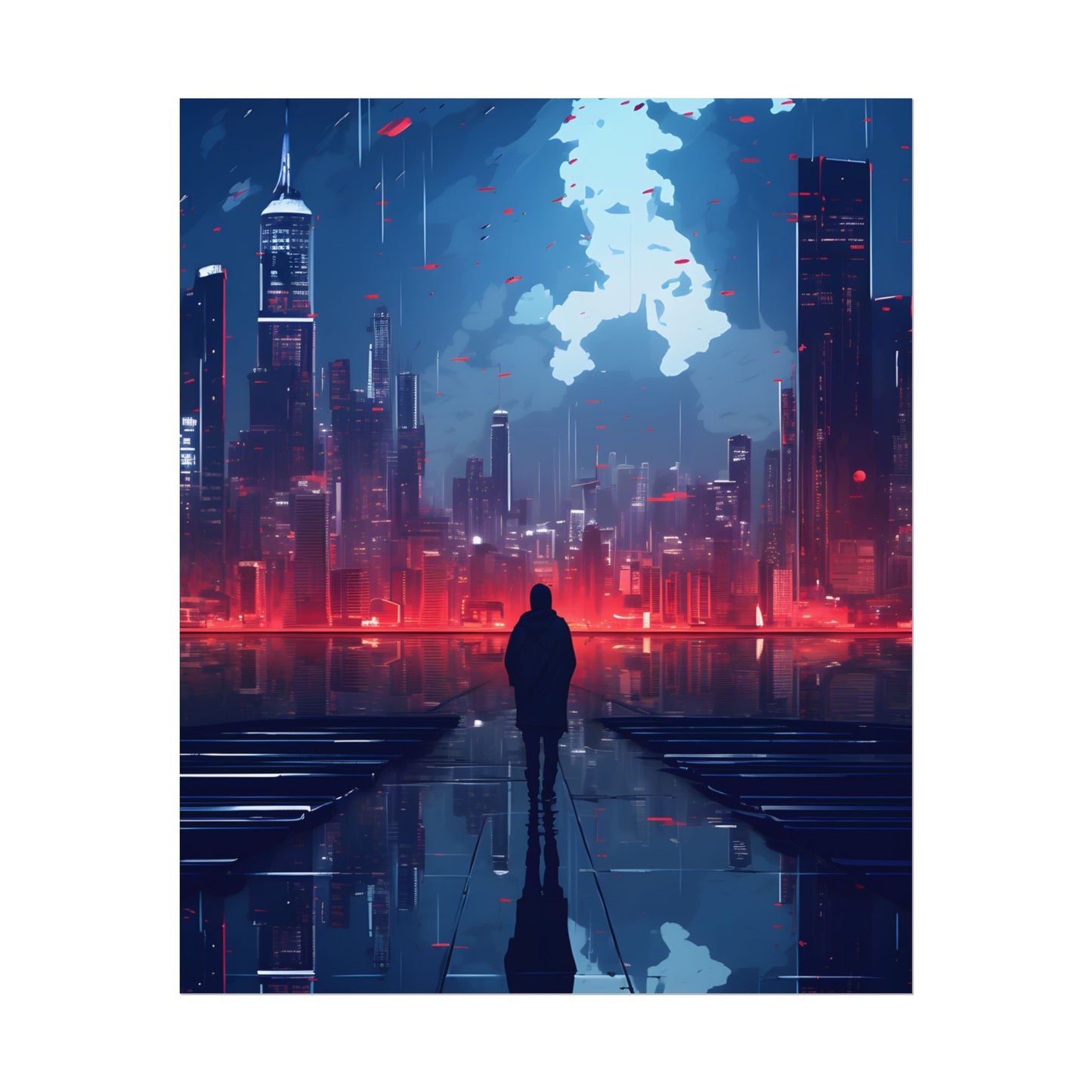 Cyberpunk Night Cityscape: A Melancholic Moment - Poster