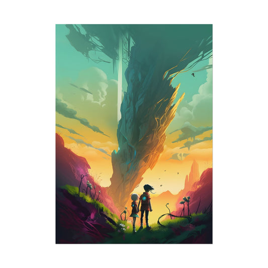 Children in Nature: A Peaceful Meadow on a Cloudy Day - Poster