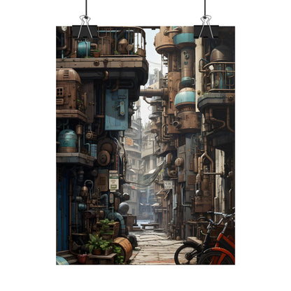 Steampunk Urban Decay: Post-Apocalyptic Cityscape at Dusk - Poster