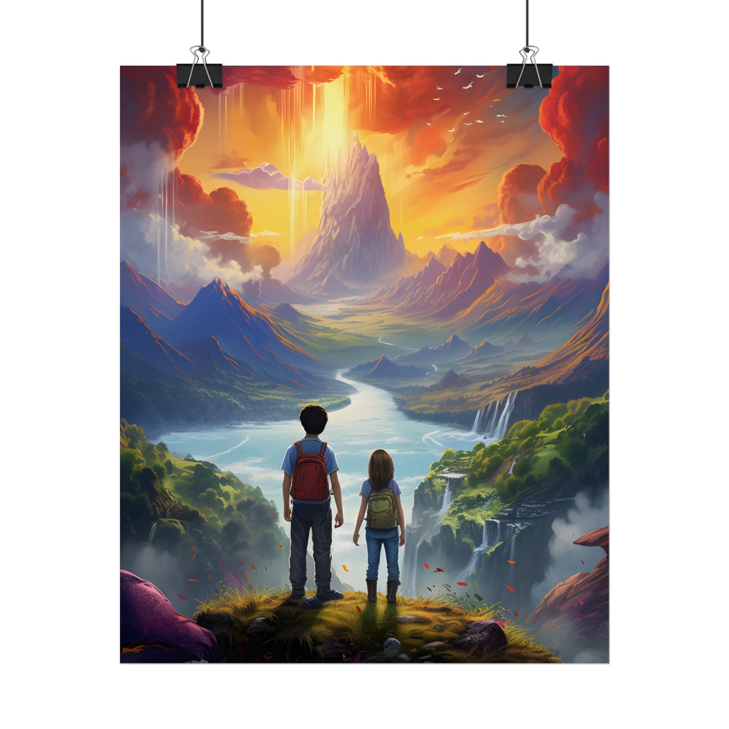 Girl, Boy, Meadow: A Peaceful Cloudy Day Artwork - Poster