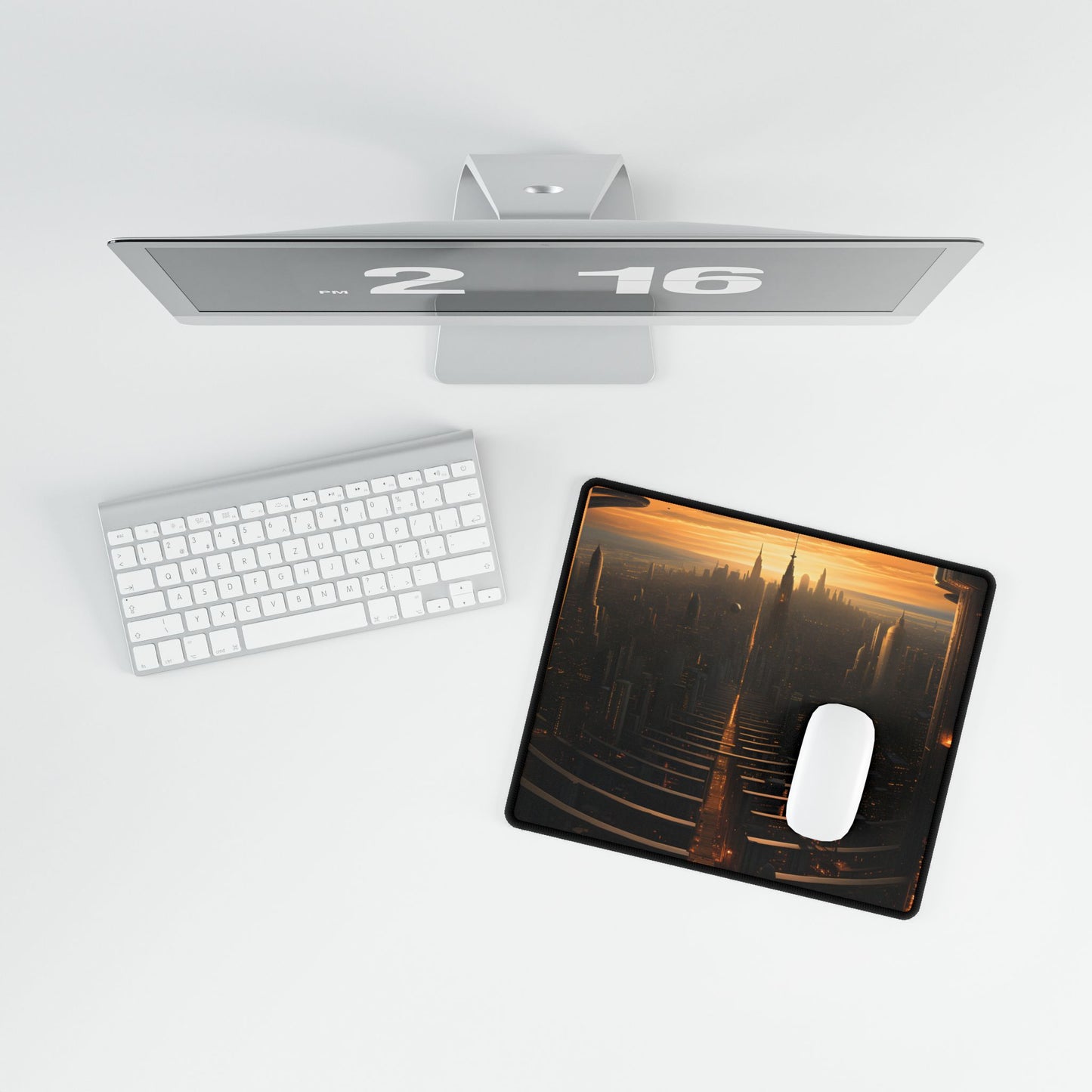 Dystopian Utopia: Futuristic Cityscape with Dark Facade - Desk Mat