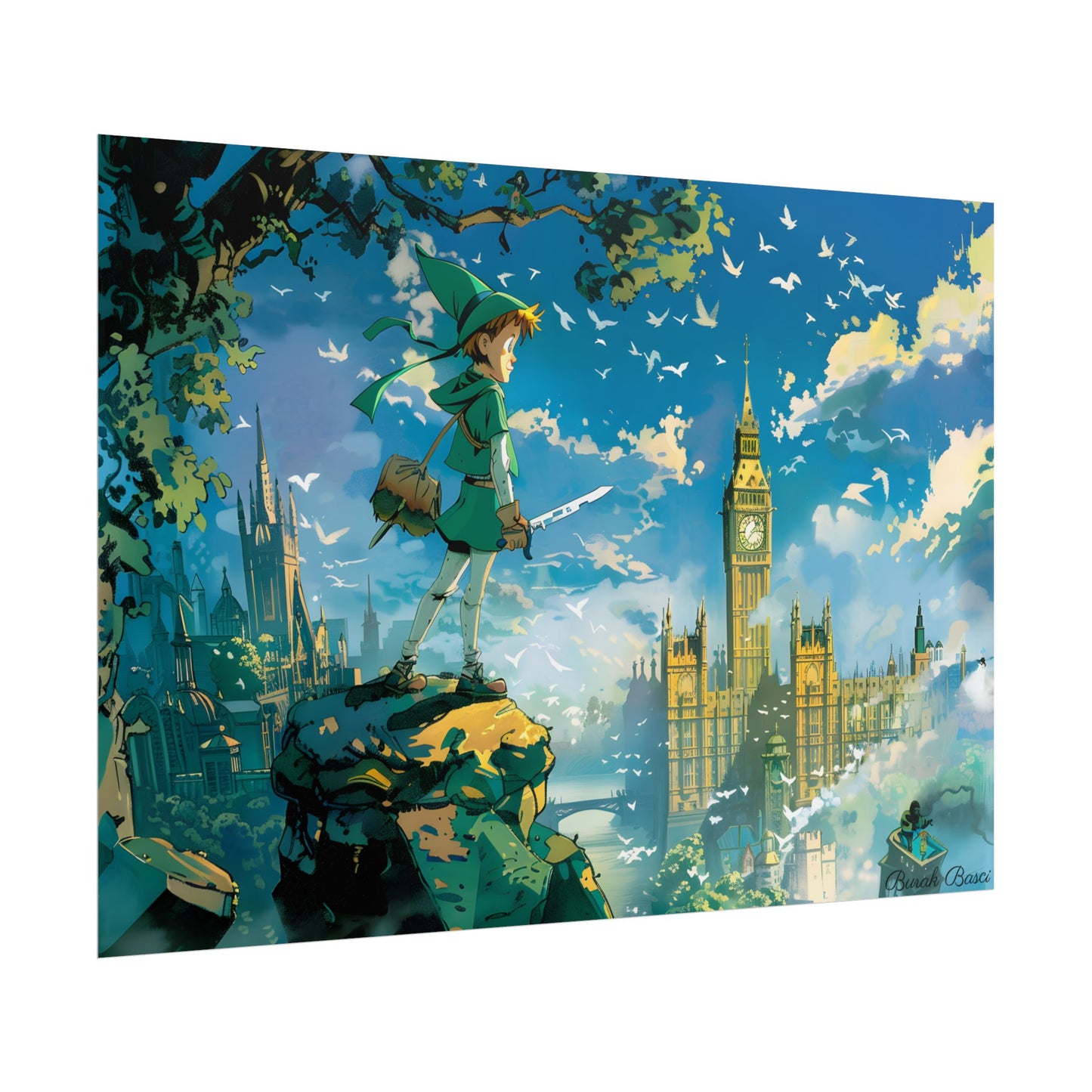 Whimsical Boy in Green: Colorful Illustration Artwork - Poster