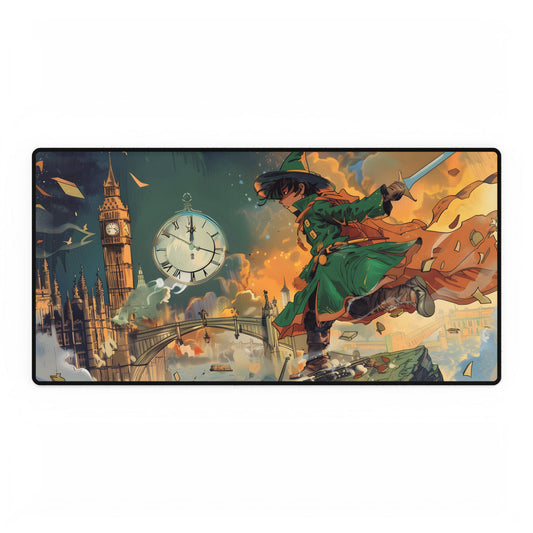 Whimsical Green Tunic Boy: Mischievous Illustration - Desk Mat