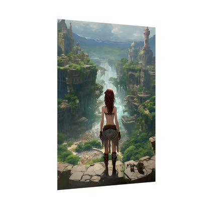 Dramatic Birds Eye View: Red Haired Anime Girl in Urban Landscape - Poster