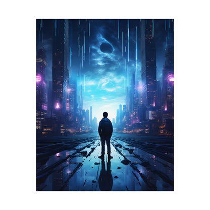 Cyberpunk Cityscape at Night: Melancholic Landscape Digital Art - Poster