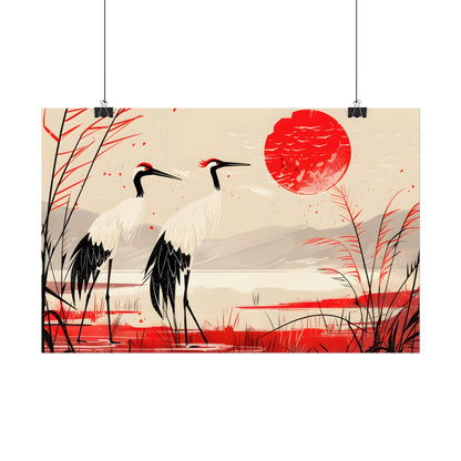 Peaceful Cranes in Serene Nature: Landscape Artwork - Poster