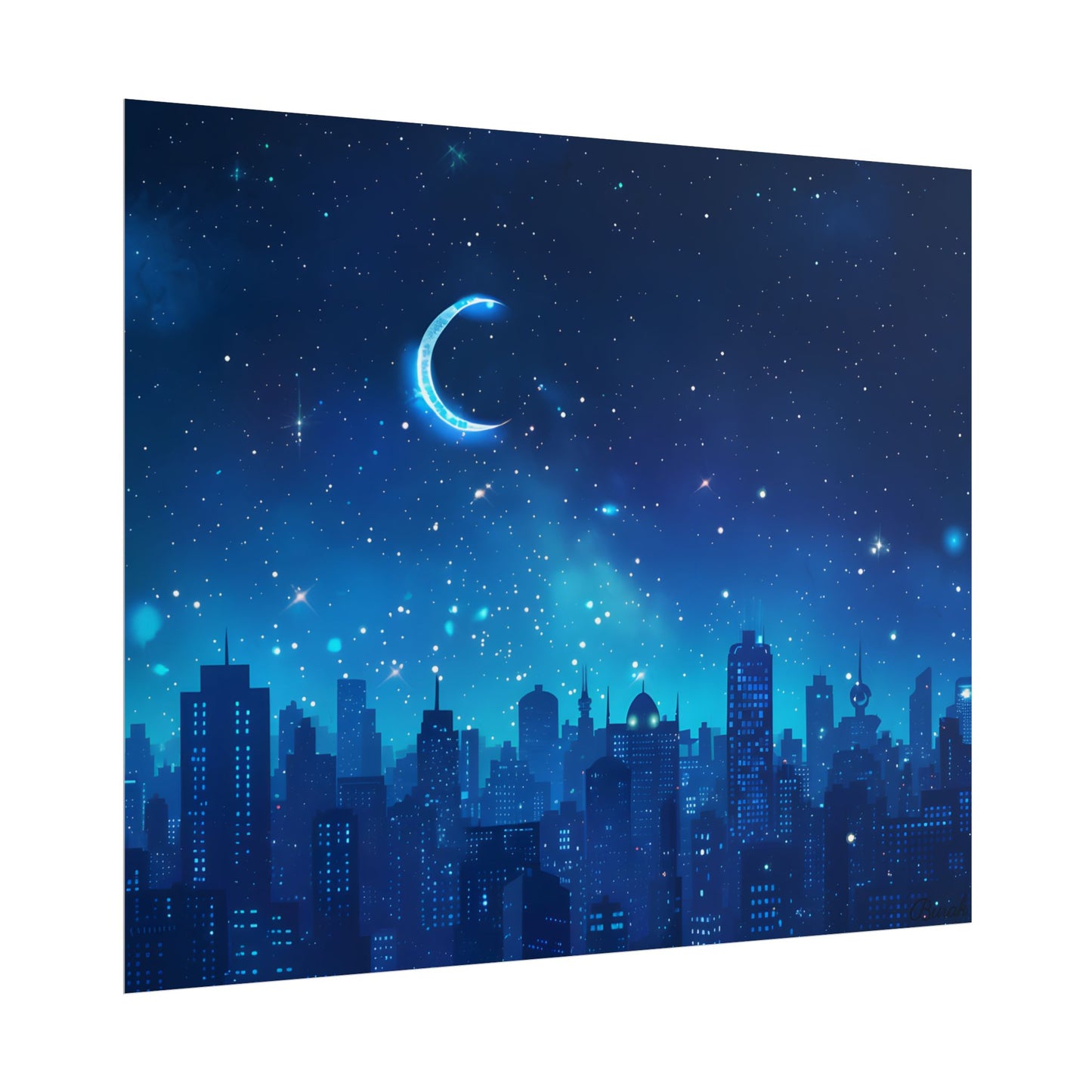 Peaceful Night Sky with Crescent Moon: Starry Digital Art - Poster