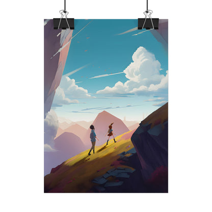 Young Boy and Girl on Cloudy Meadow: Outdoor Landscape Art - Poster