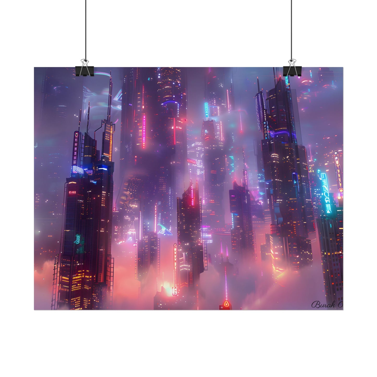 Neon Futuristic Cityscape: Graphic Modern Art - Poster