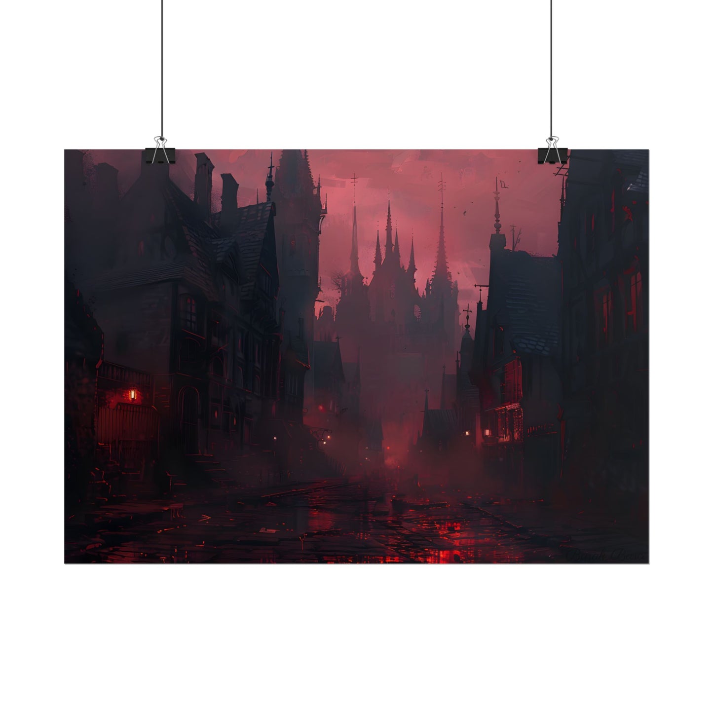 Dark Gothic Cityscape: A Serene Misty Dusk Scene - Poster