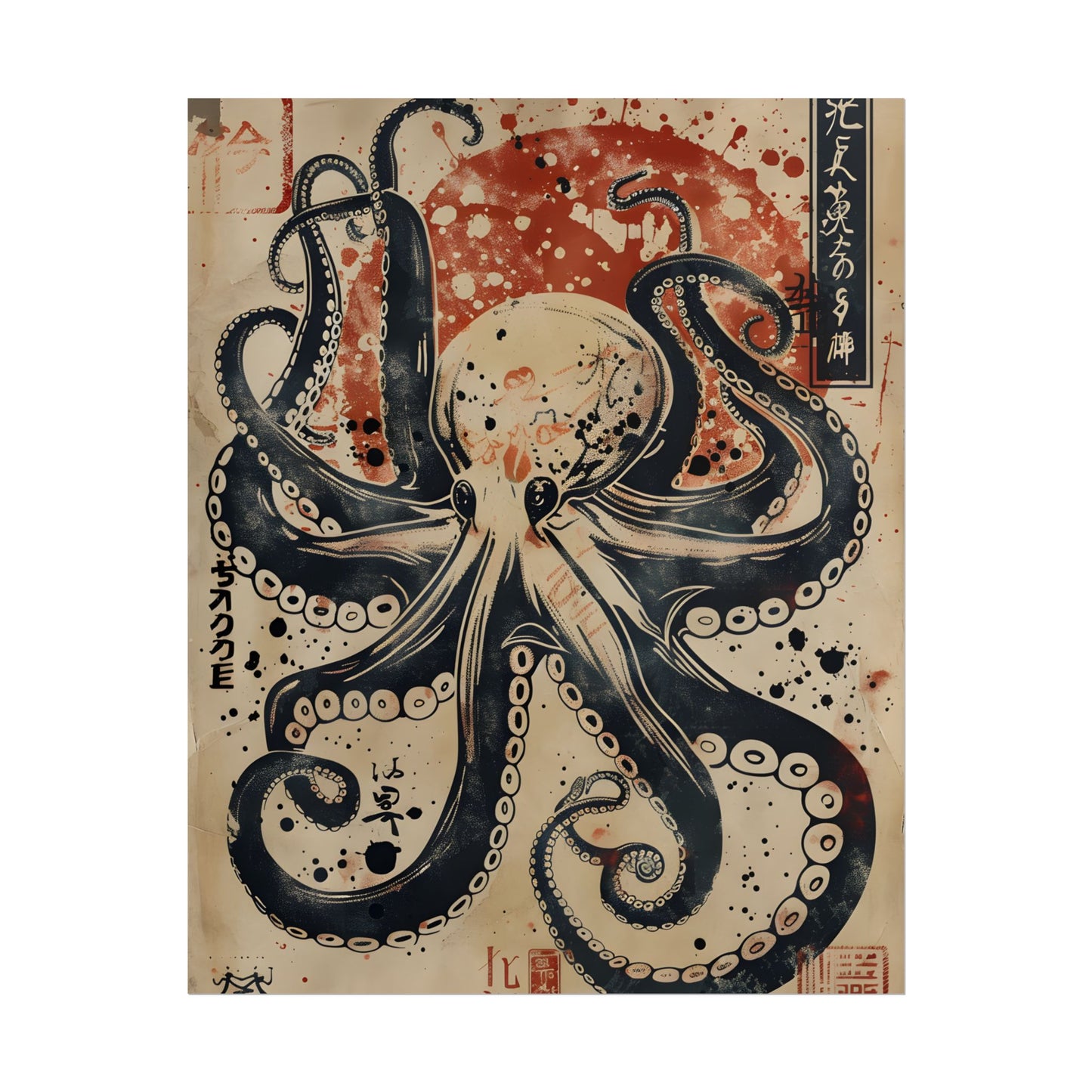 Stylized Octopus: Vibrant Japanese Ukiyo-E Artwork - Poster
