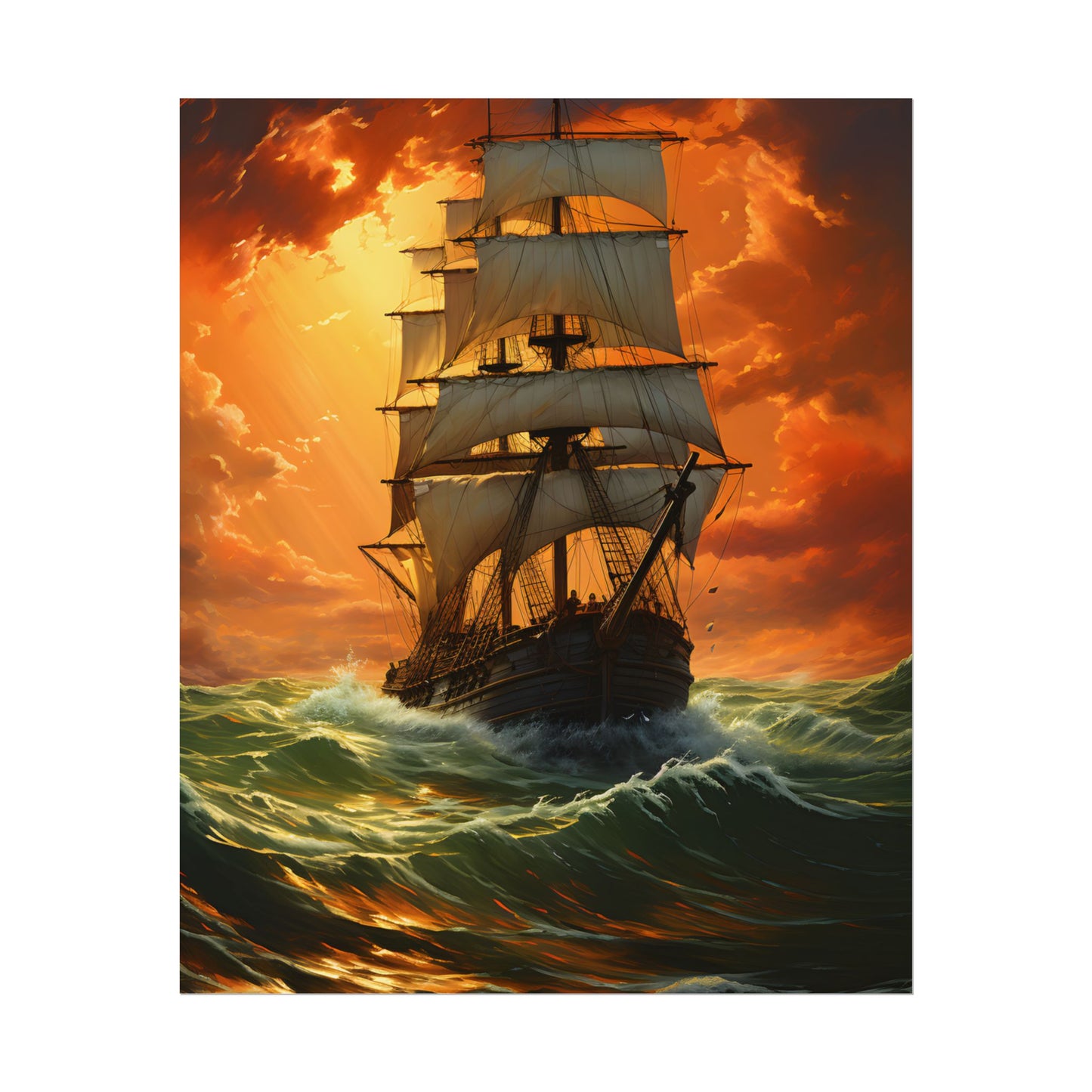 Nature's Serenity: Realistic Oil Painting of a Green Ship - Poster