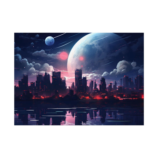 Melancholic Cyberpunk City: Nighttime Landscape Digital Art - Poster