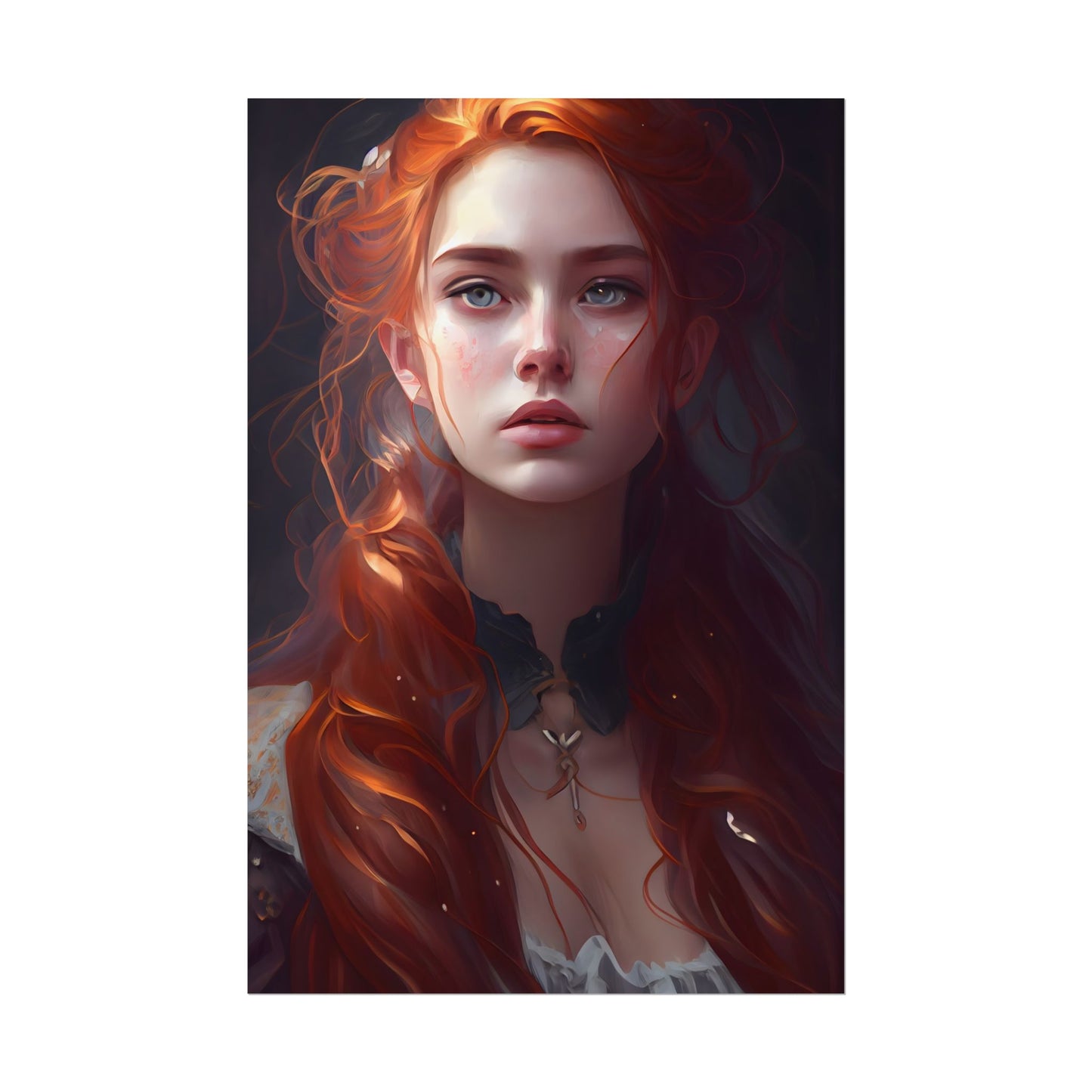 Elegant Redhead Portrait: Female Artwork in Dress - Poster