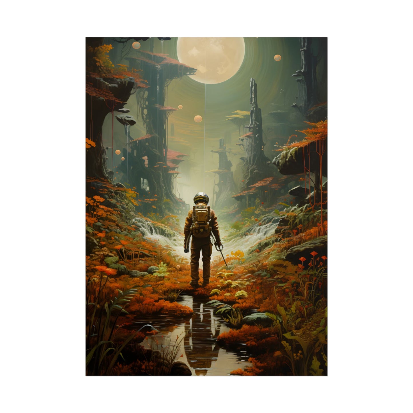 Futuristic Explorer in Wilderness: Digital Artwork - Poster