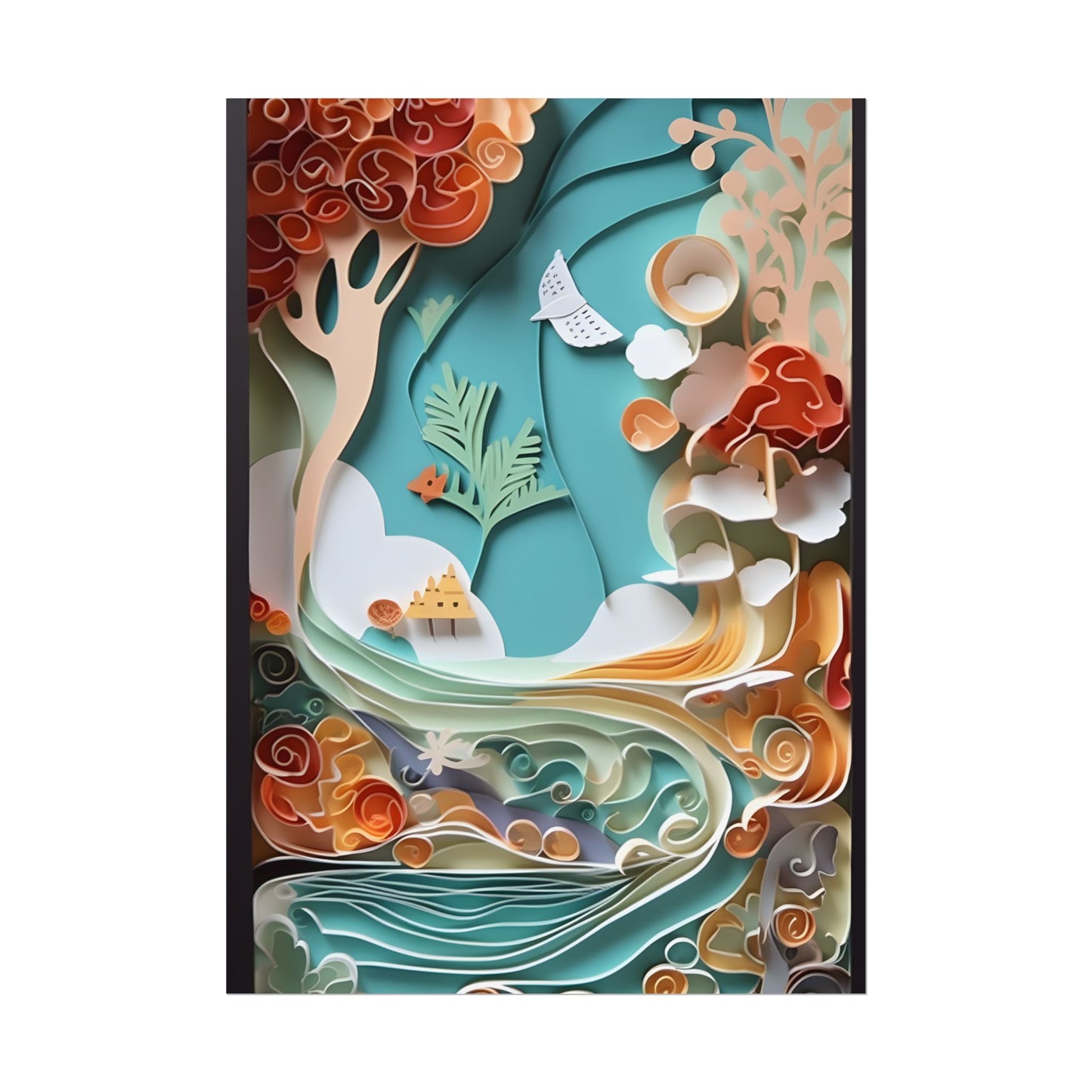 Paper Quilled Beach Sunset: Calming Beach Landscape Artwork - Poster