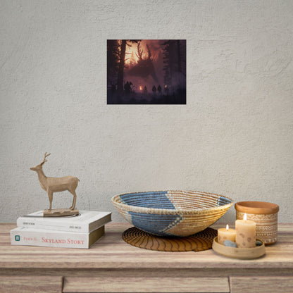 Serene Forest Sunset: Group Walking Through Misty Landscape - Poster