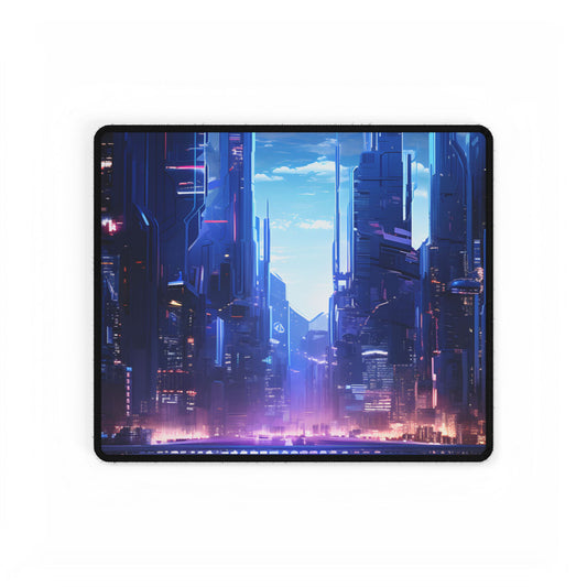 Dystopian Cyberpunk Cityscape: Glowing Neon Lights - Desk Mat