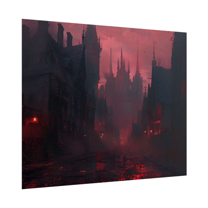 Dark Gothic Cityscape: A Serene Misty Dusk Scene - Poster