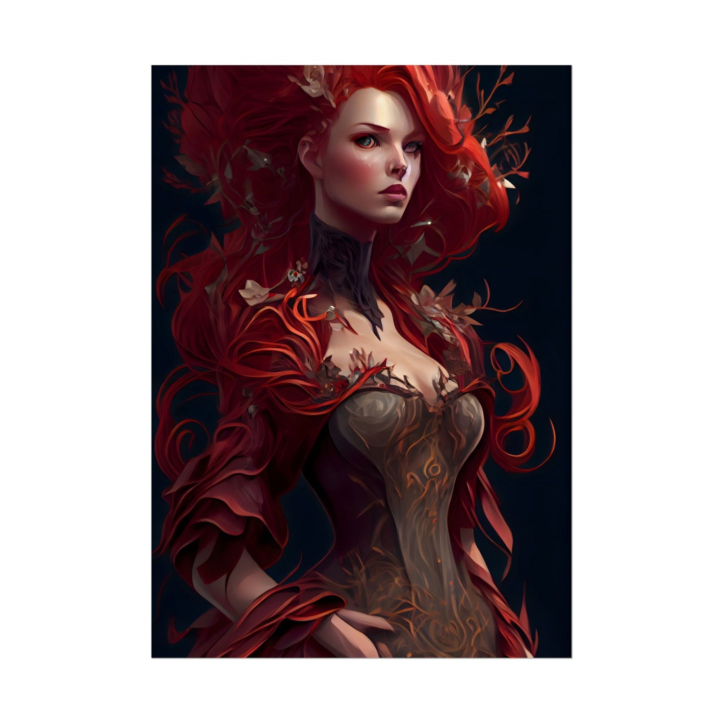 Red Hair Portrait: Elegant Female in Black Dress - Poster