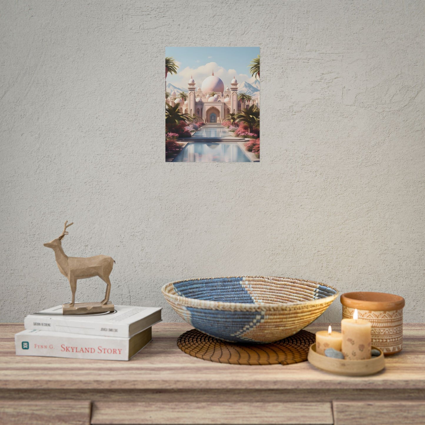 Serene Arabian Desert Oasis: Camels in a Palm Tree Landscape - Poster