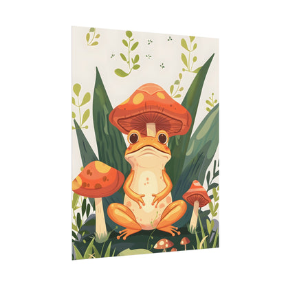 Retro Whimsy: Frog & Mushrooms in Close-Up Charm - Poster