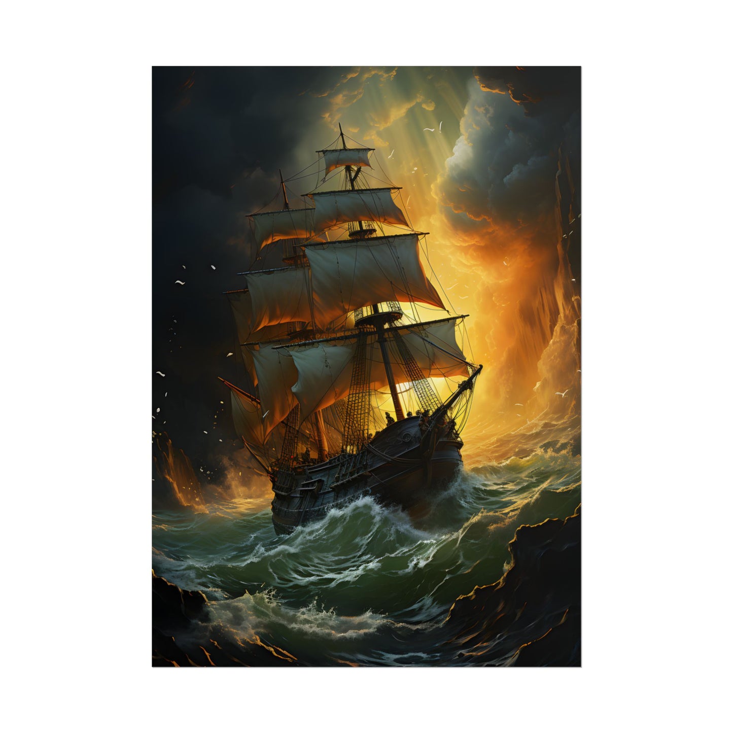 Mostly Green Seascape: Magnificent Oil Painting of a Ship - Poster
