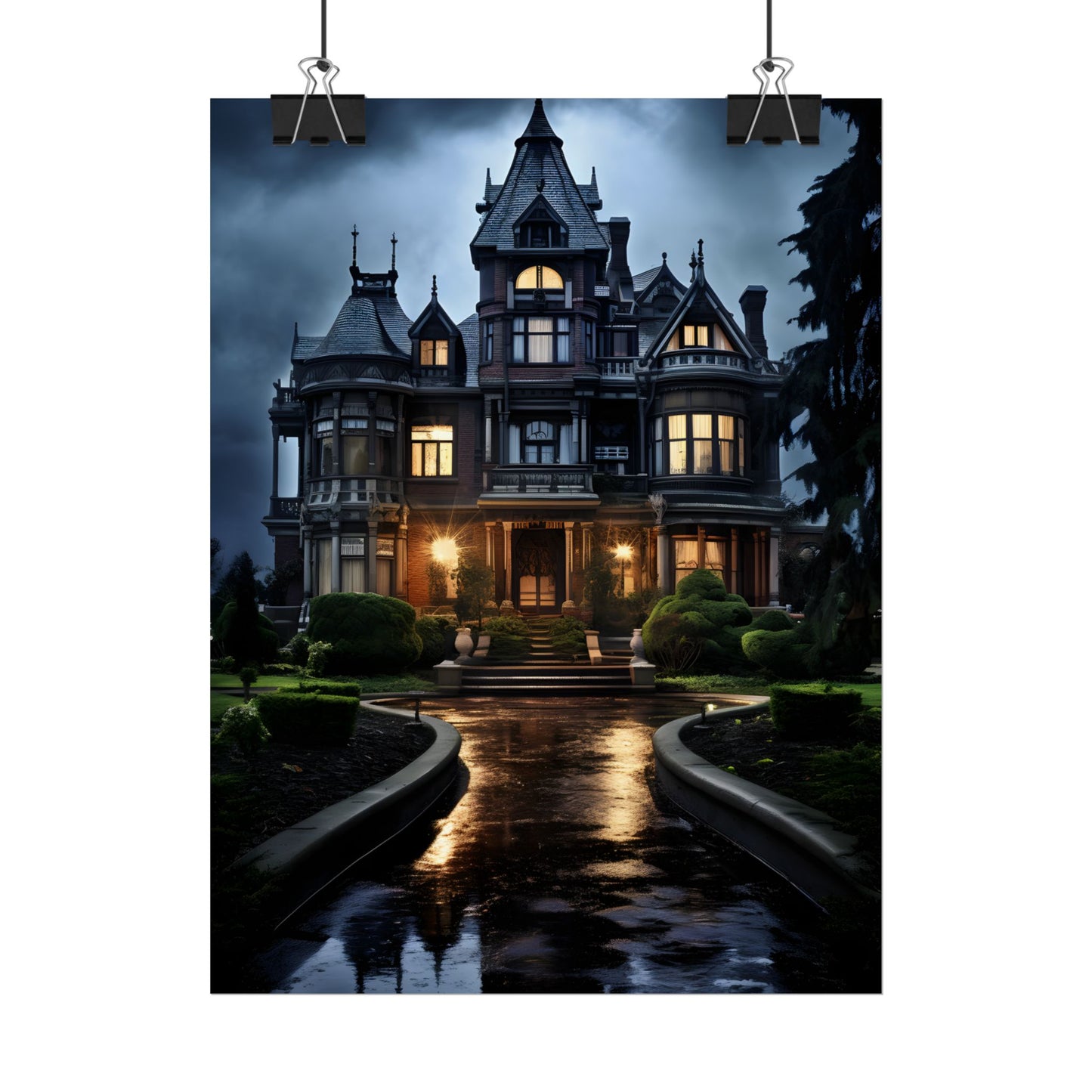 Haunted Victorian Mansion: Spooky Stormy Night Art - Poster