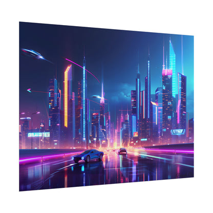 Futuristic City Glow: Neon Lights Digital Art - Poster