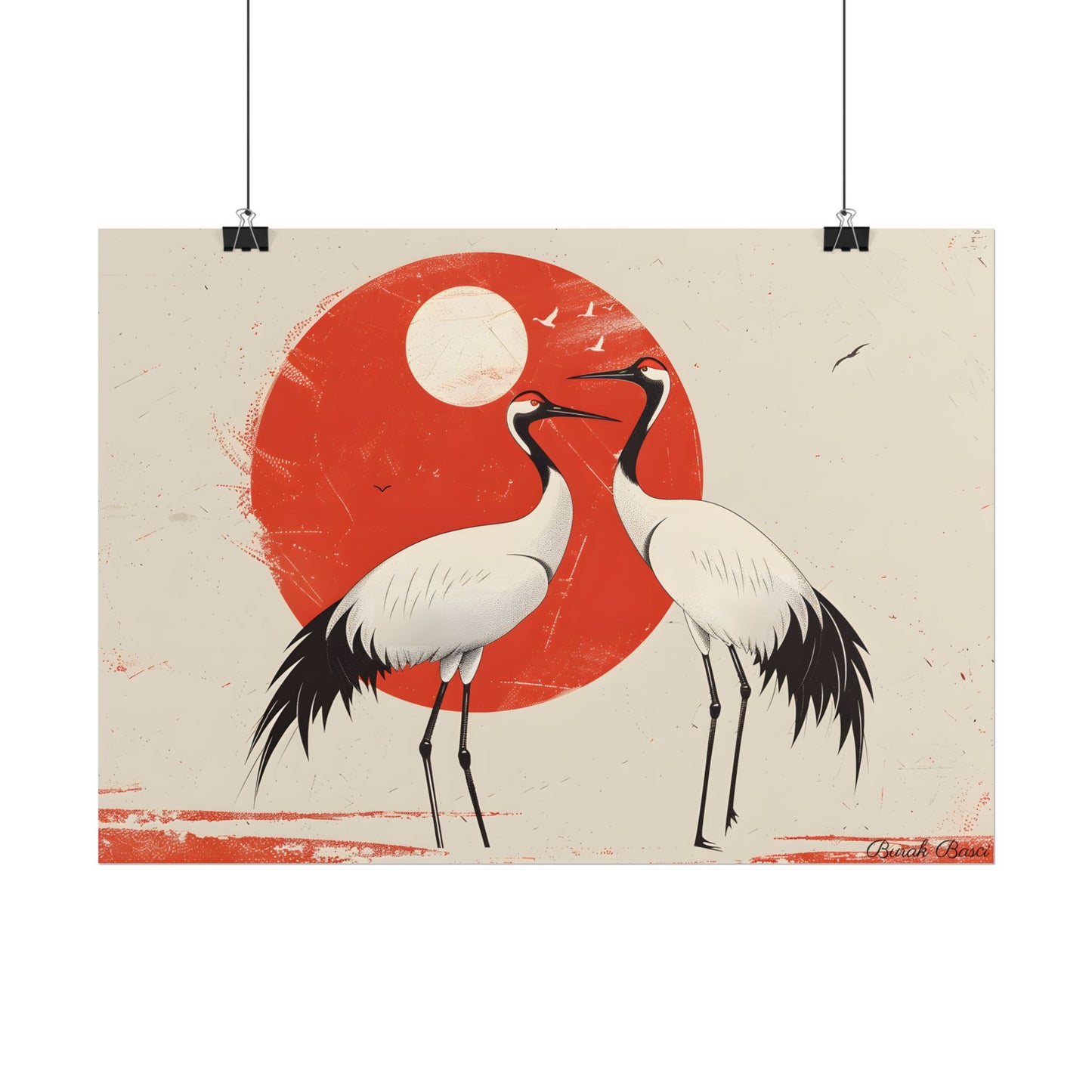 Serene Wildlife Sanctuary: Cranes in Red Nature Scene Art - Poster
