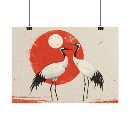 Serene Wildlife Sanctuary: Cranes in Red Nature Scene Art - Poster