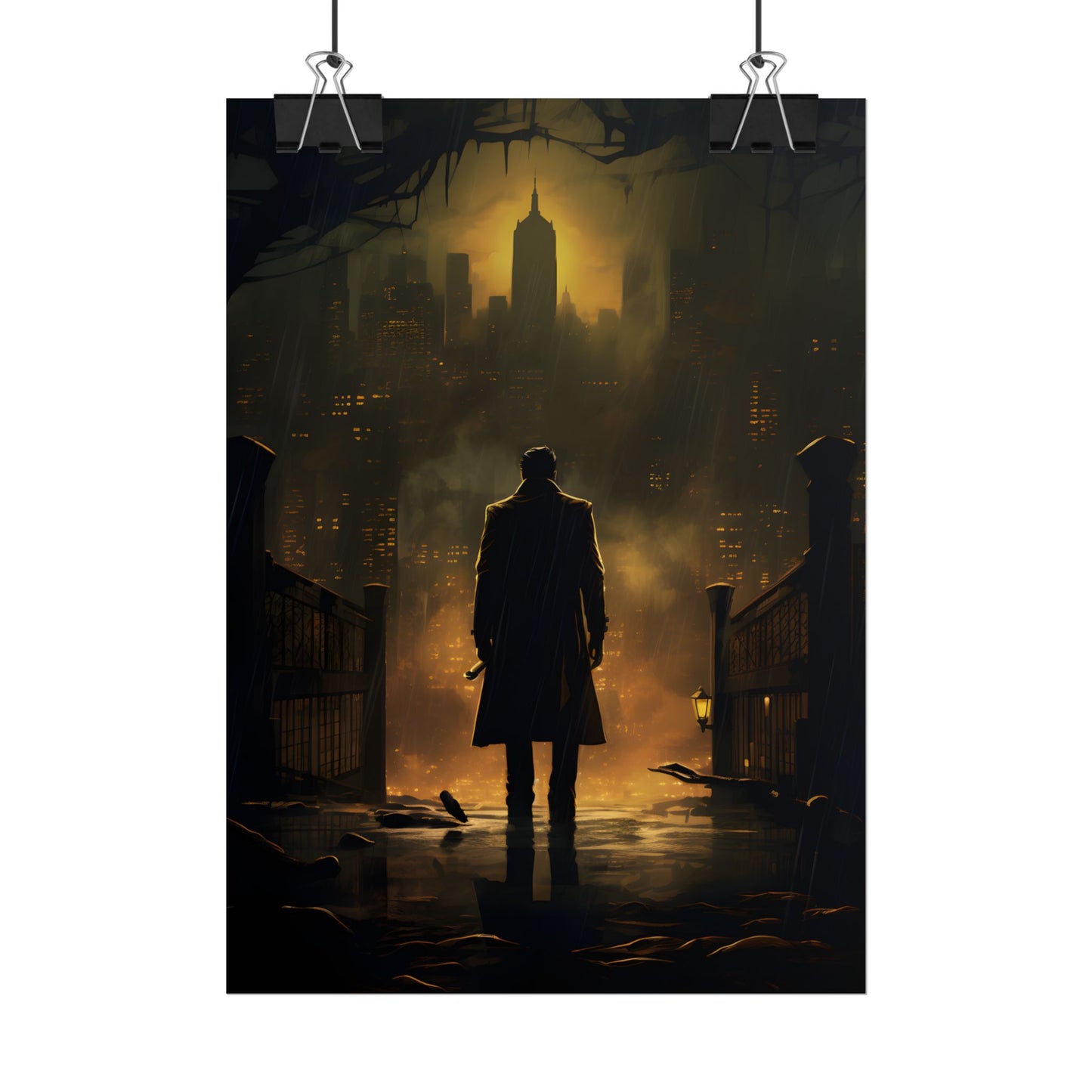 Urban Fantasy Detective: Moody City Skyline Reflection - Poster