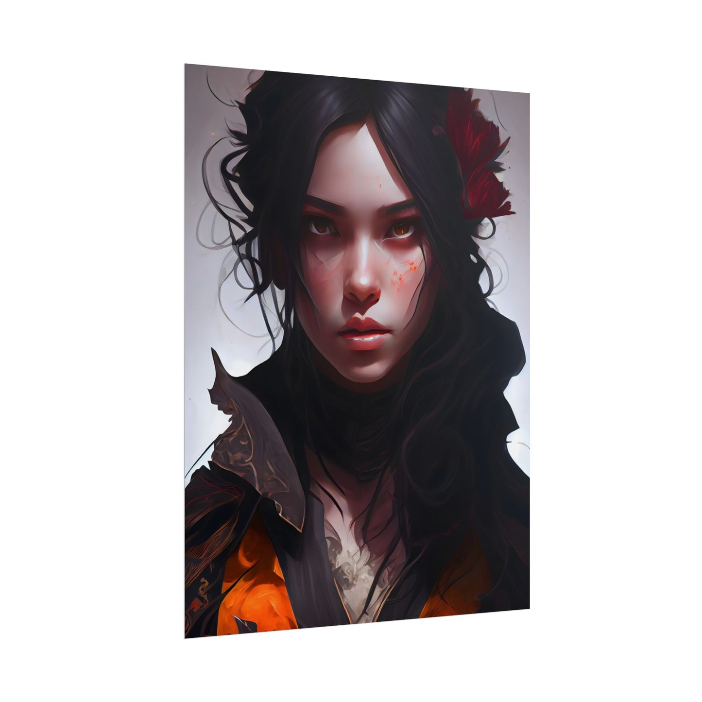 Black Hair Female Portrait: Elegant Dress Artwork - Poster