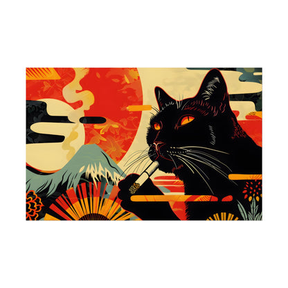 Whimsical Cat Smoking: Red & White Stripe Artwork - Poster