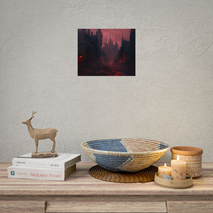 Dark Gothic Cityscape: A Serene Misty Dusk Scene - Poster