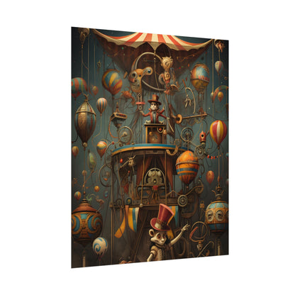 Whimsical Clockwork Circus: Fantastical Wooden Horse in Steampunk Dreamscape - Poster