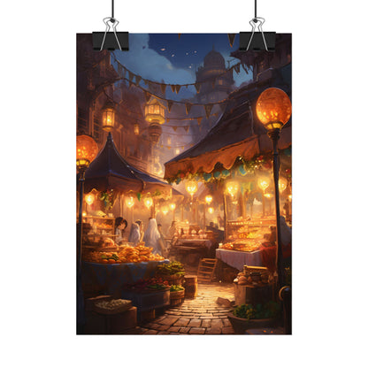 Magical Street Food Market: A Colorful Nighttime Scene - Poster